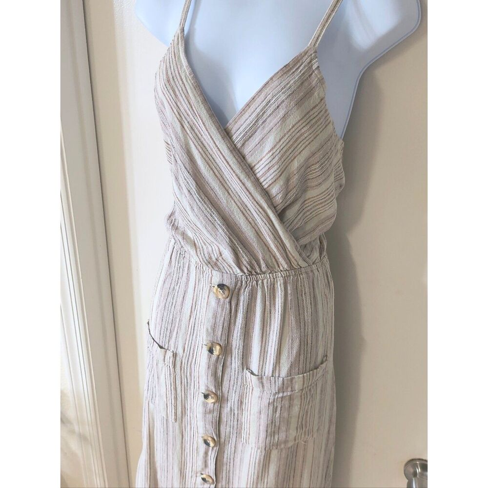 Indigo Rein Beige Striped Button-Front Midi Dress